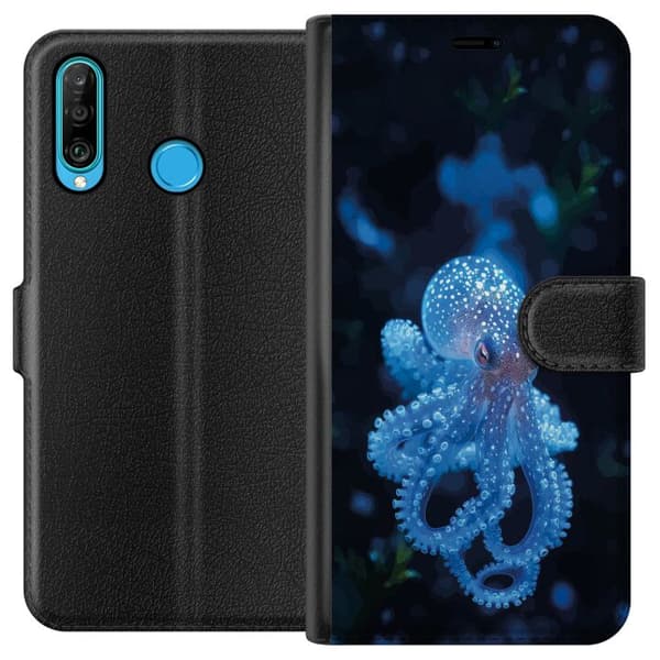 Kompatibelt Plånboksfodral till Huawei P30 lite Närbild av blå bläckfisk
