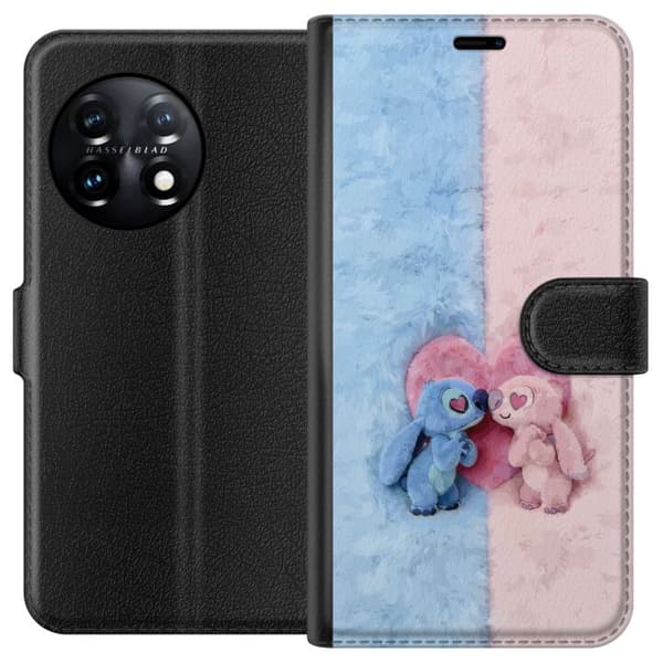 Kompatibel Tegnebogsetui til OnePlus 11 Søde blå og lyserøde figurer foran et stort lyserødt hjerte