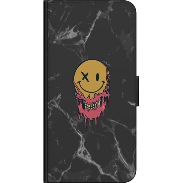 Kompatibel Tegnebogsetui til Xiaomi Redmi Note 8 Pro  Grafisk smiley med lyserøde skeletdetaljer mod en sort marmorinspireret baggrund