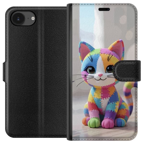 Kompatibel Tegnebogsetui til Apple iPhone 16e Sød farverig kat i patchworkstil med store øjne