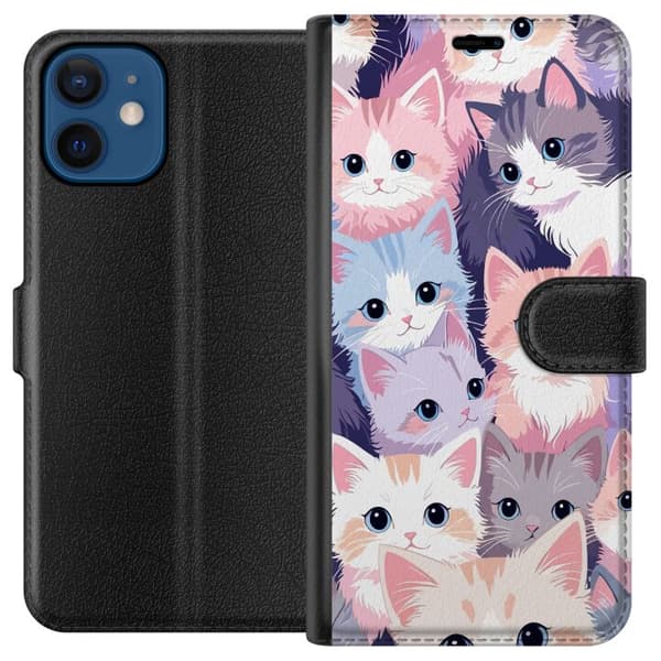 Kompatibel Tegnebogsetui til Apple iPhone 12 mini Søde killinger med store blå øjne i lyserøde, lilla og blå pastelfarver