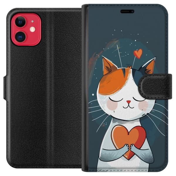Kompatibel Tegnebogsetui til Apple iPhone 11 Sød kat, der holder et farverigt hjerte