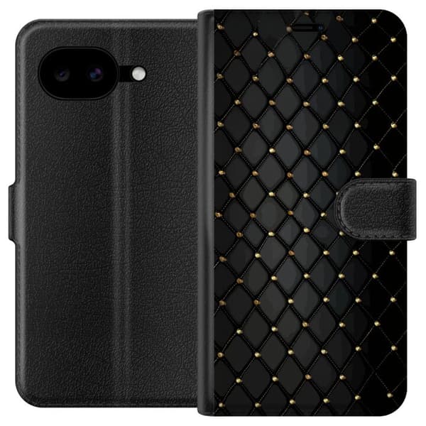 Kompatibel Tegnebogsetui til Google Pixel 10a Elegant sort diamantmønster med guldfarvede linjer og detaljer