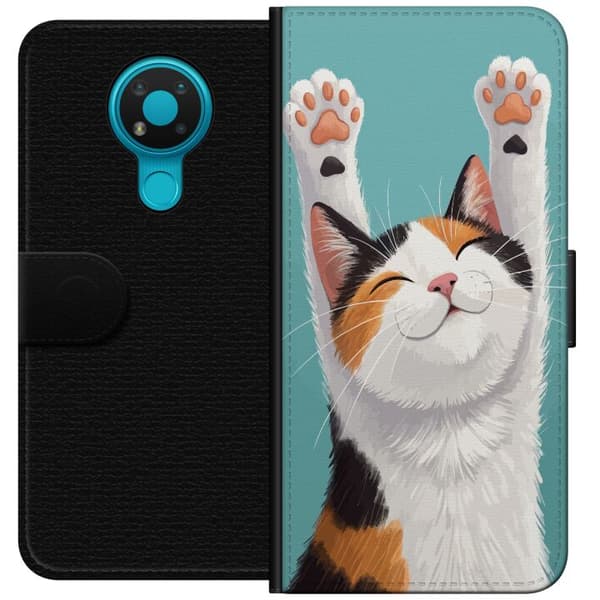 Kompatibelt Lommeboketui til Nokia 3.4 Glad trefärgad katt