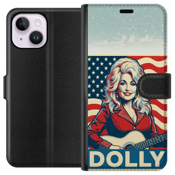 Kompatibel Tegnebogsetui til Apple iPhone 14 Plus Dolly Parton med gitarr och USA-flagga