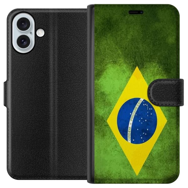 Kompatibel Tegnebogsetui til Apple iPhone 16 Plus Brasiliansk flag med rustik tekstur