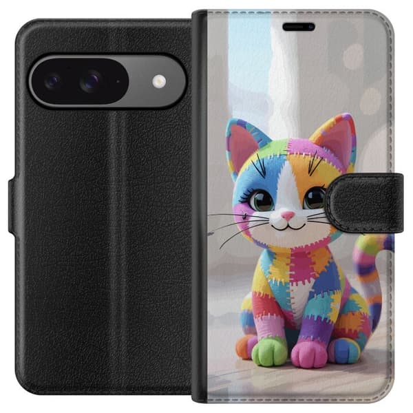 Kompatibelt Plånboksfodral till Google Pixel 9 Pro Söt färgglad katt i patchworkstil med stora ögon