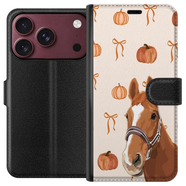 Kompatibel Tegnebogsetui til Apple iPhone 18 Pro Max Brun hest med græskar og orange rosetter på lys baggrund