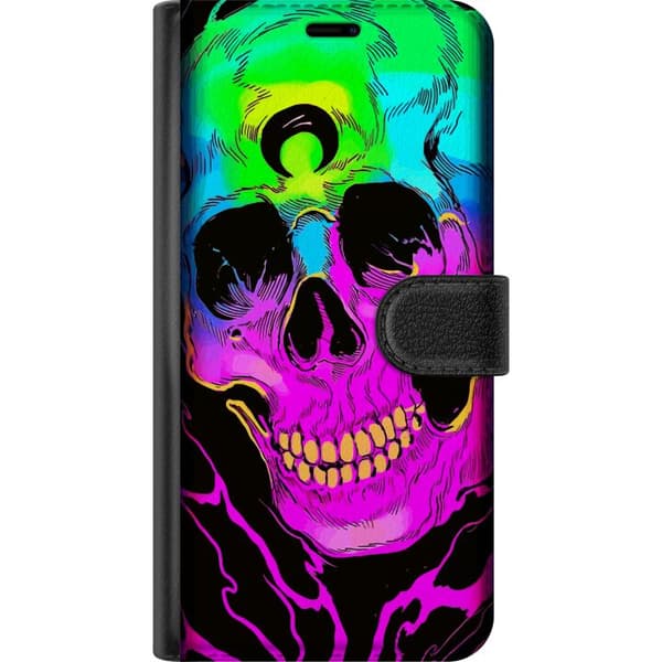Kompatibel Tegnebogsetui til Google Pixel 10a Neonfarvet dødningehoved i intense rosa, grønne og blå nuancer mod sort baggrund