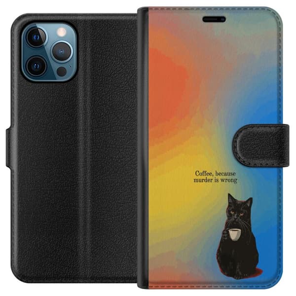 Kompatibel Tegnebogsetui til Apple iPhone 12 Pro Max Humoristisk motiv med sort kat, kaffe og teksten Coffee Because Murder Is Wrong