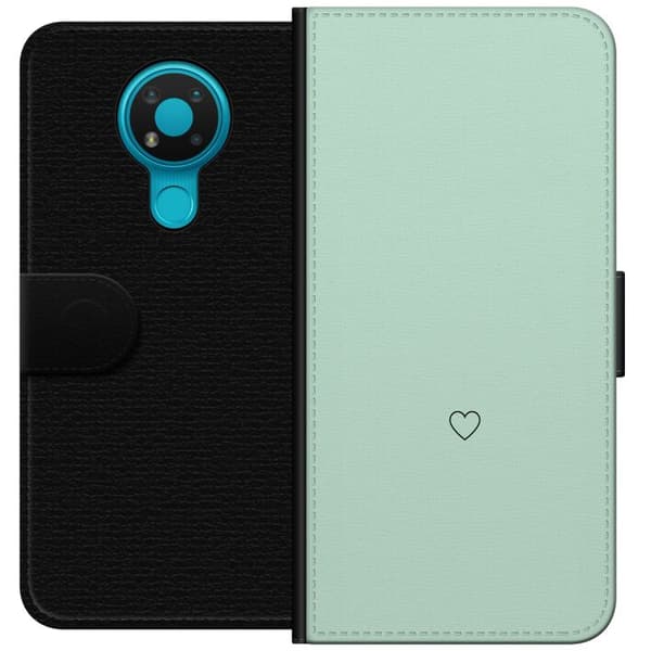Kompatibel Tegnebogsetui til Nokia 3.4 Enkel sort hjertekontur centreret mod mintgrøn baggrund