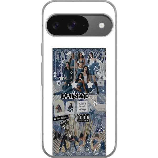 Kompatibelt Mobildeksel til Google Pixel 9  KATSEYE i blått collage med gruppeportrett, stjerner, typografi og dekorative grafiske elementer