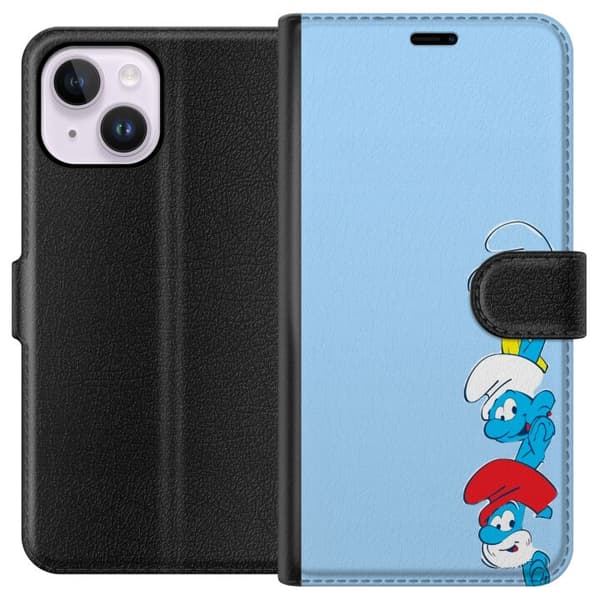 Kompatibel Tegnebogsetui til Apple iPhone 14 Plus Animeret billede med Smølferne, der kigger ud på en lyseblå baggrund