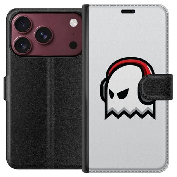 Kompatibel Tegnebogsetui til Apple iPhone 18 Pro Max Hvidt spøgelse med røde og sorte hovedtelefoner mod lysegrå baggrund