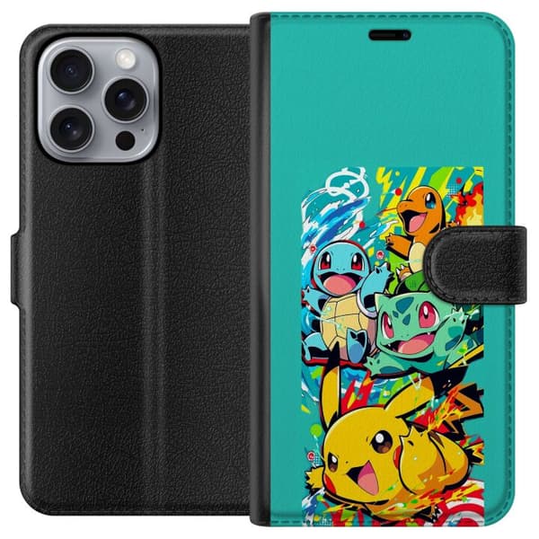 Kompatibel Tegnebogsetui til Apple iPhone 16 Pro Max Actionfyldt collage med klassiske Pokémon