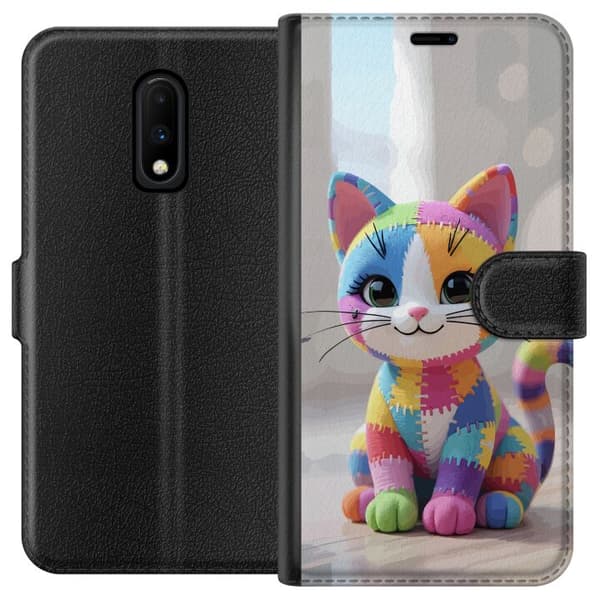 Kompatibel Tegnebogsetui til OnePlus 7 Sød farverig kat i patchworkstil med store øjne