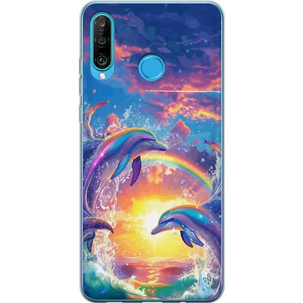 Kompatibelt Mobildeksel til Huawei P30 lite Delfiner i regnbågssolnedgång