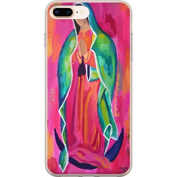 Kompatibel Mobilcover til Apple iPhone 8 Plus Farverig religiøs kvindefigur med foldede hænder mod lyserød baggrund