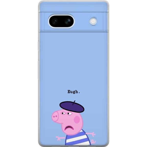 Kompatibelt Mobildeksel til Google Pixel 7a Peppa Pig med beret og teksten Eugh på lyseblå bakgrunn