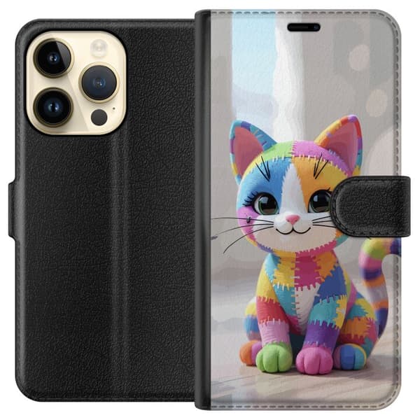 Kompatibel Tegnebogsetui til Apple iPhone 14 Pro Sød farverig kat i patchworkstil med store øjne
