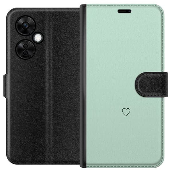 Kompatibel Tegnebogsetui til OnePlus Nord CE3 Enkel sort hjertekontur centreret mod mintgrøn baggrund