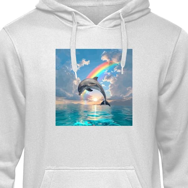 Klassisk Hoodie | Hættetrøje til Voksne Grå Medium Delfin och regnbåge Delfin och regnbåge Grå Medium