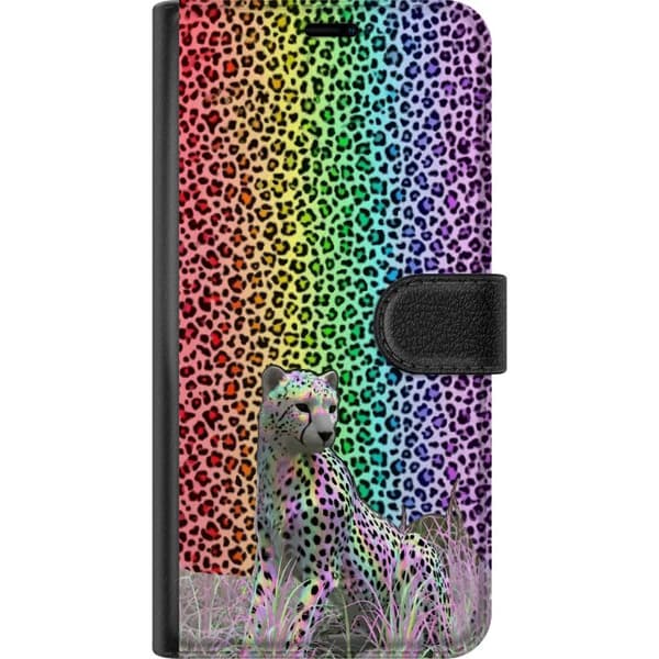 Kompatibel Tegnebogsetui til Google Pixel 9 Leopard med farverigt regnbuemønster og dyremønstret baggrund