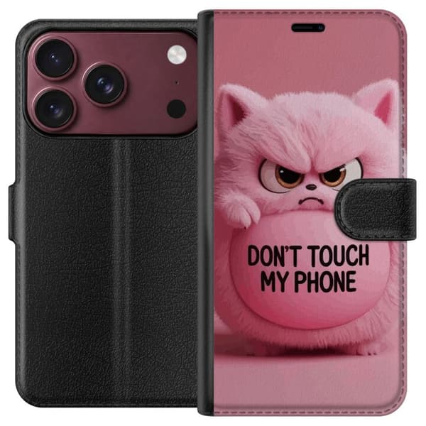 Kompatibel Tegnebogsetui til Apple iPhone 18 Pro Lyserød kat med vred mine og teksten Don't Touch My Phone