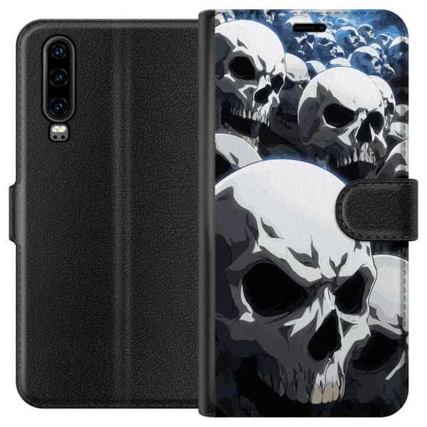Kompatibel Tegnebogsetui til Huawei P30 Dramatisk illustration med tæt samlede kranier i blå, grå og sorte nuancer