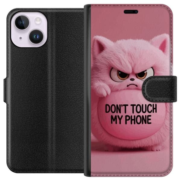 Kompatibel Tegnebogsetui til Apple iPhone 14 Lyserød kat med vred mine og teksten Don't Touch My Phone