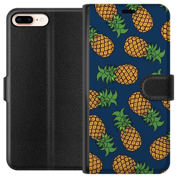 Kompatibel Tegnebogsetui til Apple iPhone 8 Plus Mønster med gule ananaser og grønne blade mod mørkeblå baggrund
