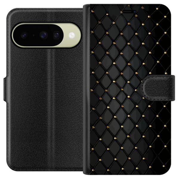 Kompatibel Tegnebogsetui til Google Pixel 11 Elegant sort diamantmønster med guldfarvede linjer og detaljer