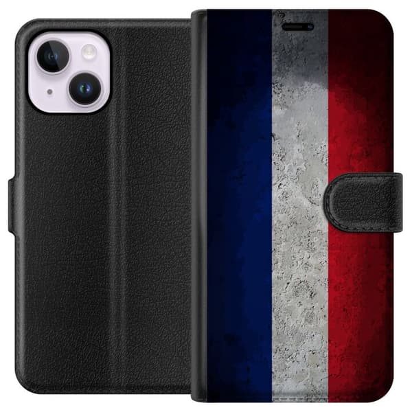 Kompatibelt Lommeboketui til Apple iPhone 15 Plus Fransk flagg med rustikk betongstruktur