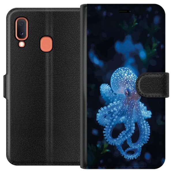 Kompatibelt Plånboksfodral till Samsung Galaxy A20e Närbild av blå bläckfisk