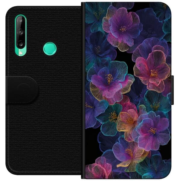 Kompatibel Tegnebogsetui til Huawei P40 lite E Elegant blomstermønster med mørk baggrund