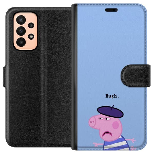 Kompatibel Tegnebogsetui til Samsung Galaxy A23 Peppa Pig med basker og teksten Eugh på lyseblå baggrund
