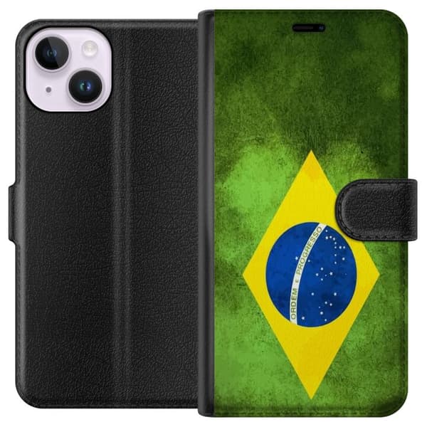 Kompatibel Tegnebogsetui til Apple iPhone 14 Brasiliansk flag med rustik tekstur