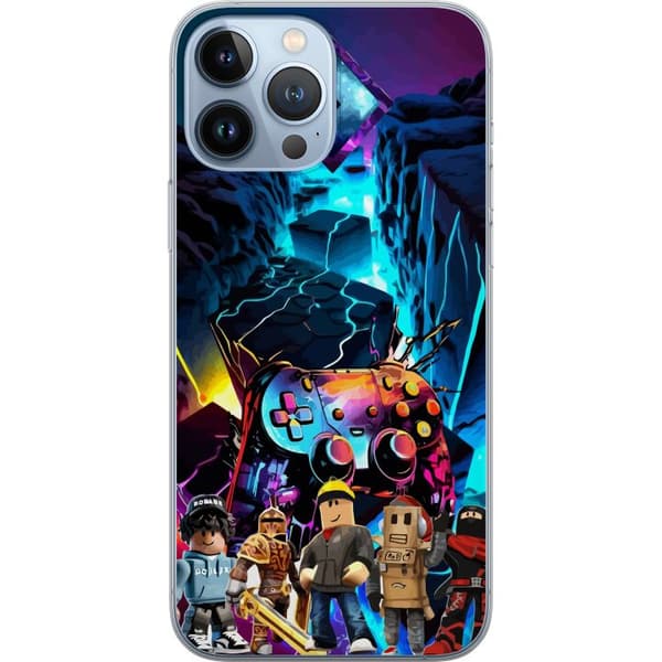 Kompatibelt Mobildeksel til Apple iPhone 13 Pro Max Roblox-spillfigurer foran neonfarget spillkontroller