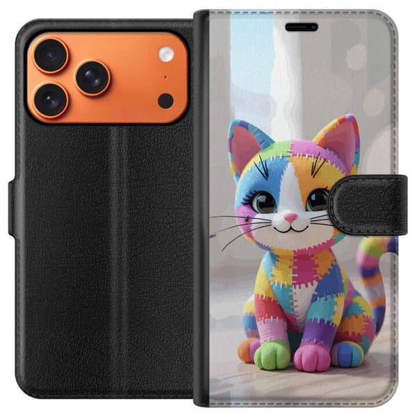 Kompatibel Tegnebogsetui til Apple iPhone 17 Pro Max Sød farverig kat i patchworkstil med store øjne