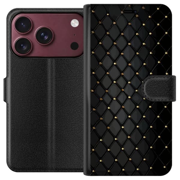 Kompatibel Tegnebogsetui til Apple iPhone 18 Pro Max Elegant sort diamantmønster med guldfarvede linjer og detaljer