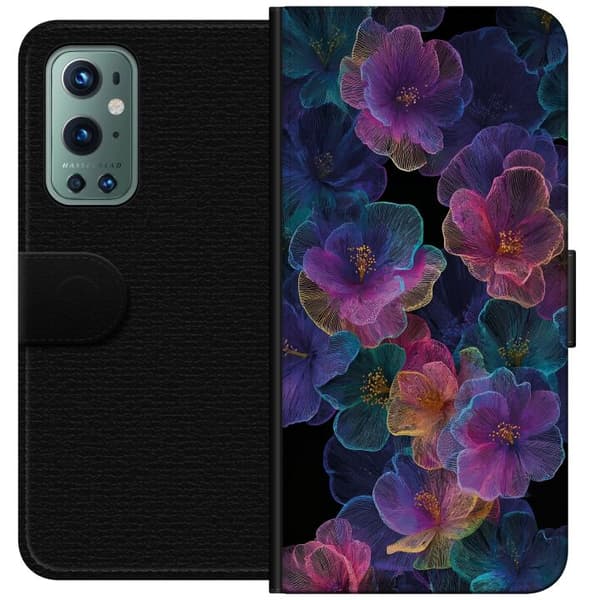 Kompatibel Tegnebogsetui til OnePlus 9 Pro Elegant blomstermønster med mørk baggrund