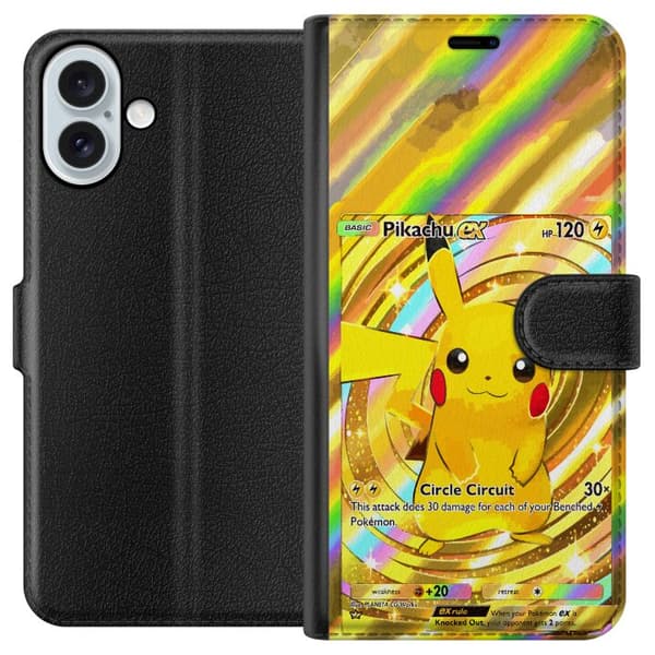 Kompatibel Tegnebogsetui til Apple iPhone 16 Plus Skinnende Pikachu EX-design med samlertankelset