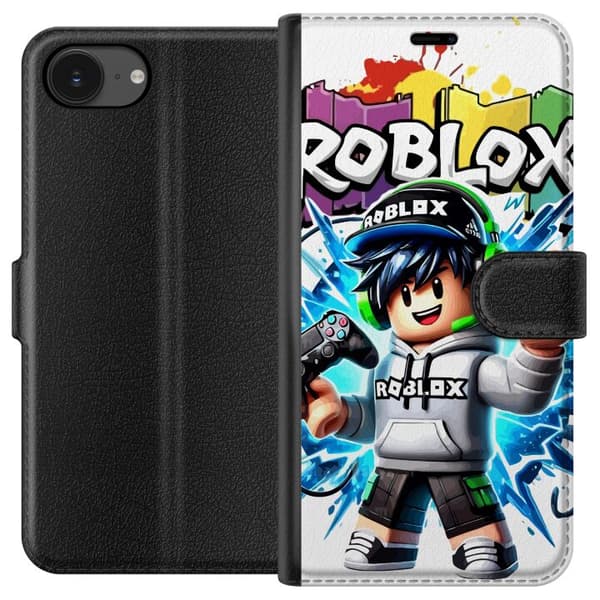 Kompatibel Tegnebogsetui til Apple iPhone 16e Roblox-spilkarakter med headset og controller foran farvestænk