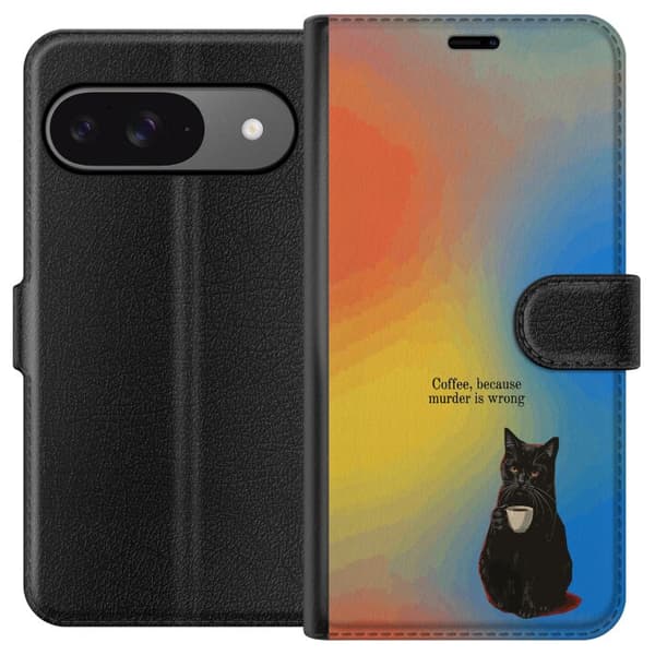 Kompatibel Tegnebogsetui til Google Pixel 9 Humoristisk motiv med sort kat, kaffe og teksten Coffee Because Murder Is Wrong