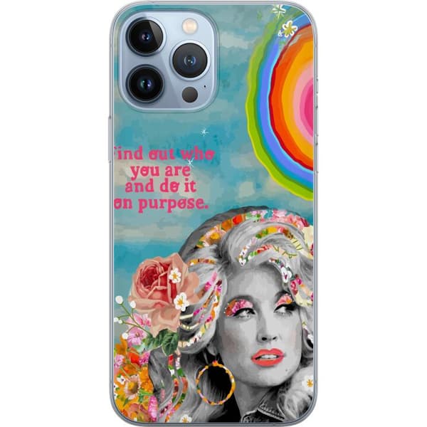 Kompatibelt Mobildeksel til Apple iPhone 13 Pro Max Dolly Parton-portrett med blomster, regnbuedetaljer og dekorativt sitat
