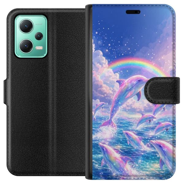Kompatibel Tegnebogsetui til Xiaomi Redmi Note 12 Glittrande regnbågsdelfiner