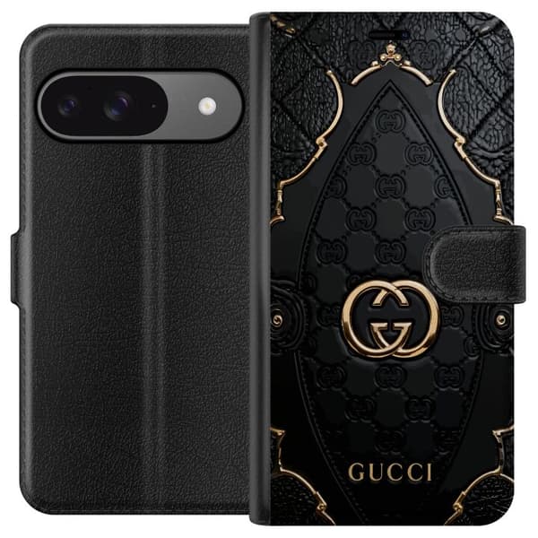Kompatibel Tegnebogsetui til Google Pixel 9 Elegant sort monogrammønster med quiltet design og guldfarvede detaljer