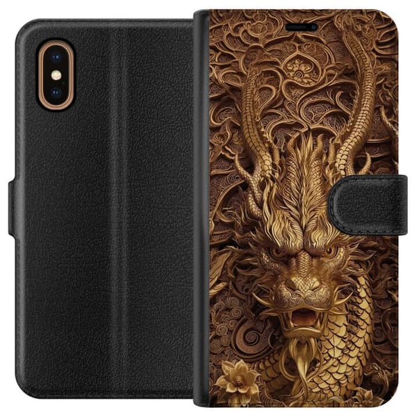 Kompatibel Tegnebogsetui til Apple iPhone XS Max Elegant drage motiv i guld