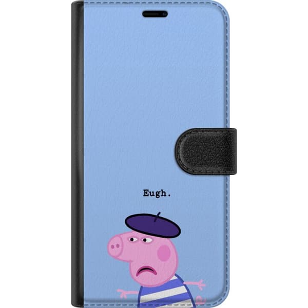 Kompatibel Tegnebogsetui til Google Pixel 7a Peppa Pig med basker og teksten Eugh på lyseblå baggrund
