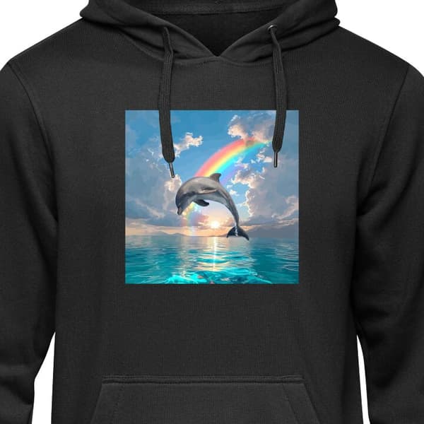 Klassisk Hoodie | Hættetrøje til Voksne Sort Stor Delfin och regnbåge Delfin och regnbåge Sort Stor